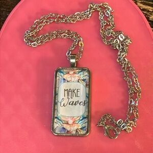 Summer necklace Silvertone BEACH PRINT, encased under glass, READS “MAKE WAVES”